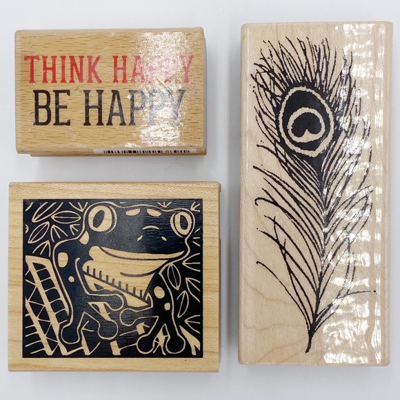 Wooden Rubber Ink Stampers Peacock Feather, Frog, Think Happy Be Happy Stampers - Picture 11 of 11